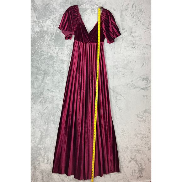 ASOS Burgundy Wine Velvet Maxi Dress 4 Empire Waist Pleated Twist Cutout Back - Picture 14 of 16